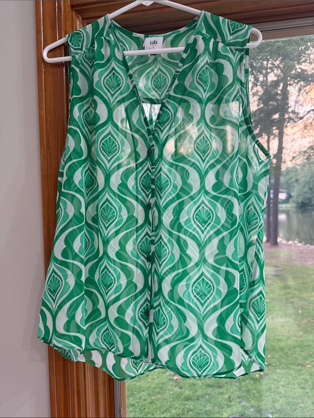 CAbi Green White Geometric Sleeveless Camisole